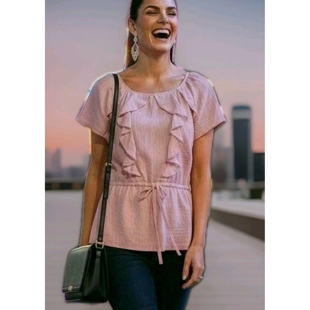 Banana Republic Pink Ruffle Blouse M Short Sleeve Womens Tie Waist Feminine